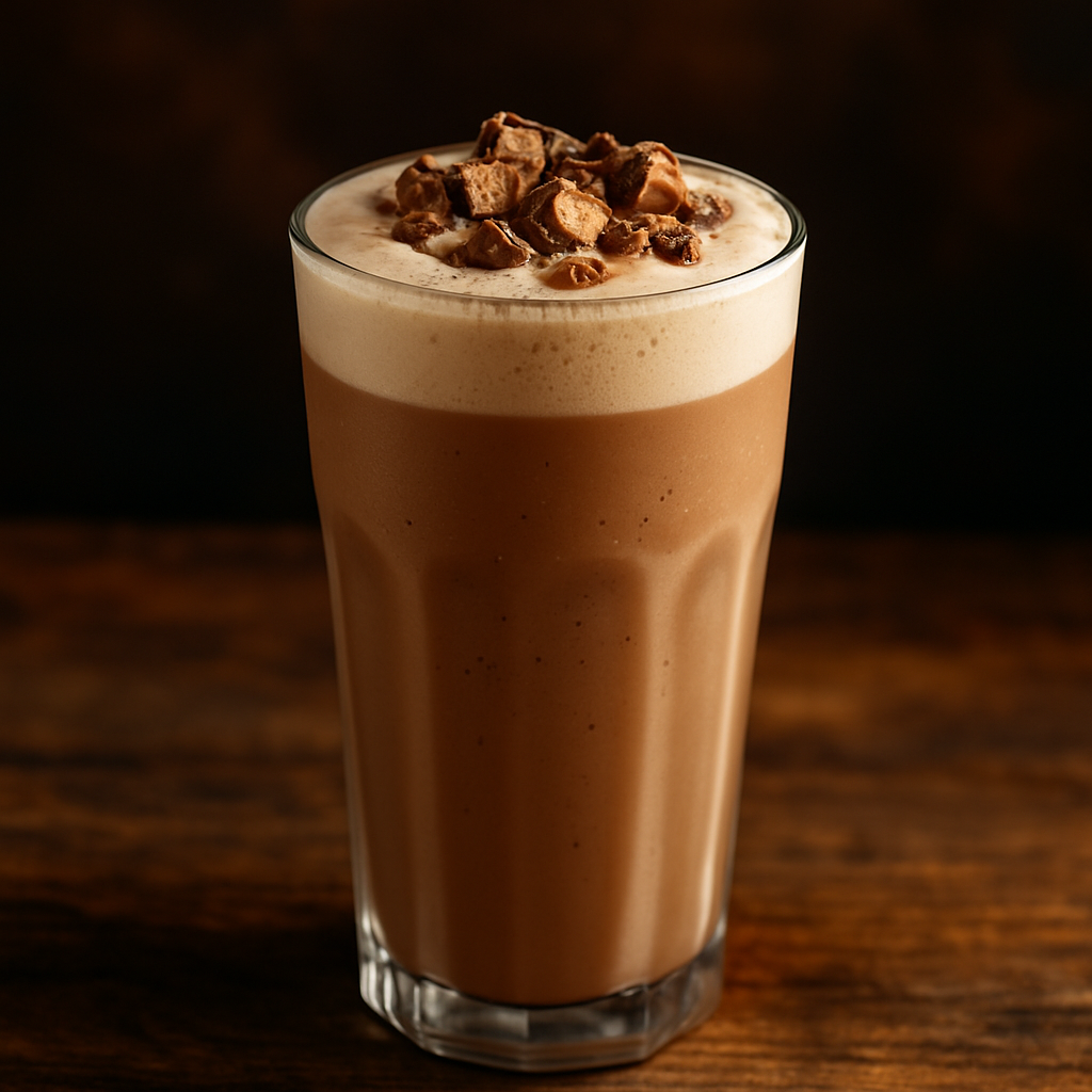 Batida de Sonho de Valsa cremosa em copo alto decorado com pedaços de bombom