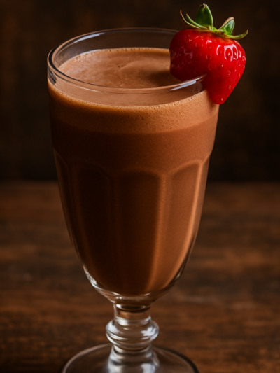 Batida do Olympo cremosa em taça de vidro decorada com morango fresco na borda