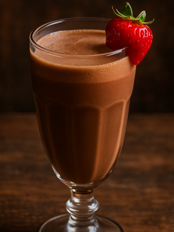 Batida do Olympo cremosa em taça de vidro decorada com morango fresco na borda