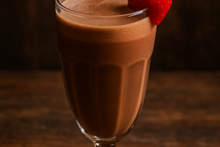 Batida do Olympo cremosa em taça de vidro decorada com morango fresco na borda