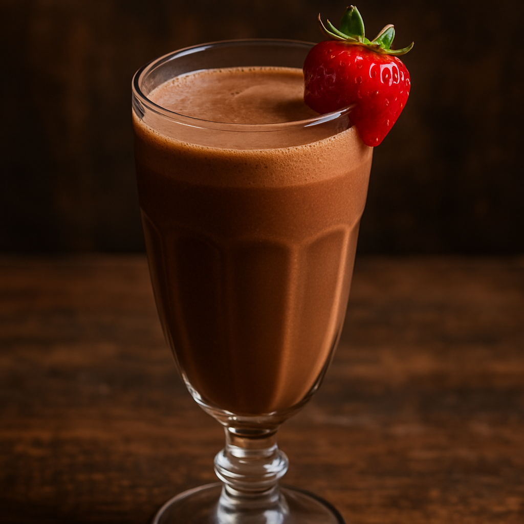 Batida do Olympo cremosa em taça de vidro decorada com morango fresco na borda