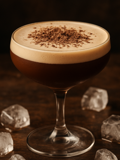 Batida Santista cremosa servida em taça com chocolate polvilhado por cima