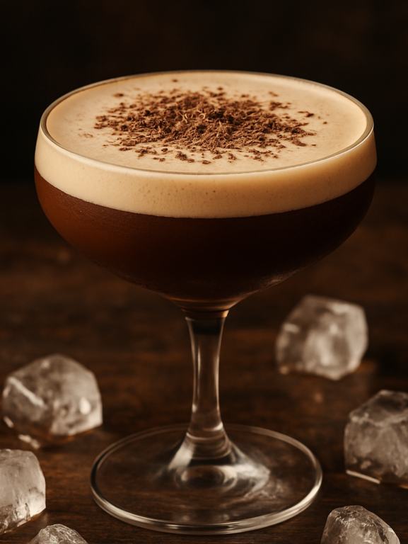 Batida Santista cremosa servida em taça com chocolate polvilhado por cima