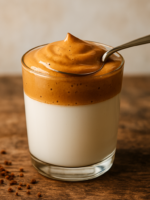 copo com batido de café cremoso e espumoso sobre leite, textura caramelo brilhante