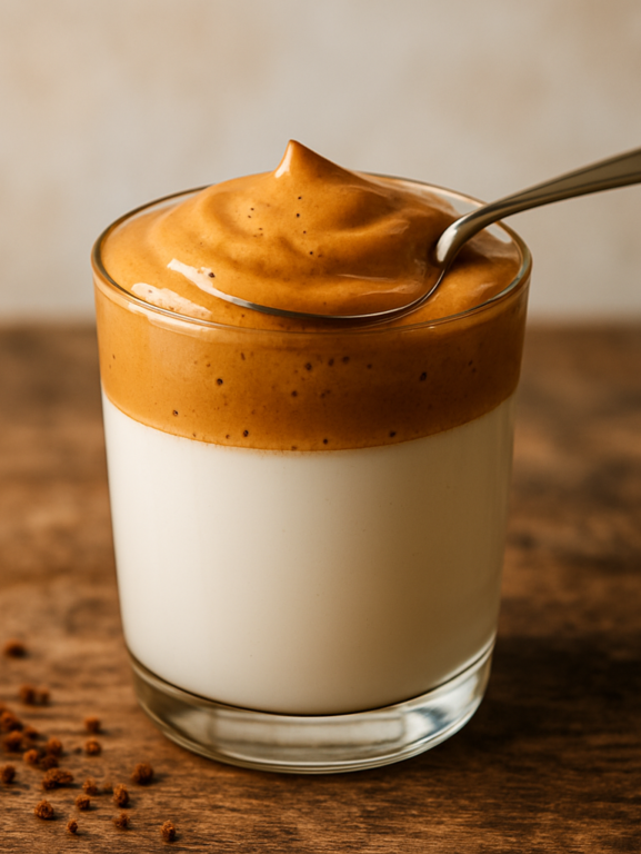 copo com batido de café cremoso e espumoso sobre leite, textura caramelo brilhante