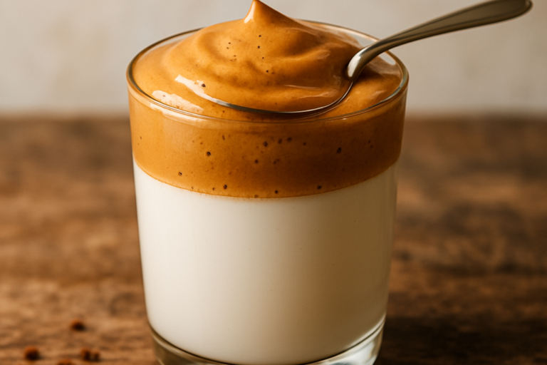 copo com batido de café cremoso e espumoso sobre leite, textura caramelo brilhante