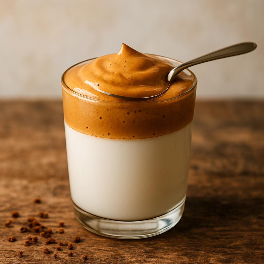 copo com batido de café cremoso e espumoso sobre leite, textura caramelo brilhante