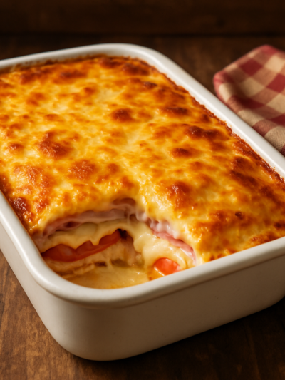 Bauru ao forno gratinado em refratário com camadas de presunto, mussarela e tomate, superfície dourada e crocante