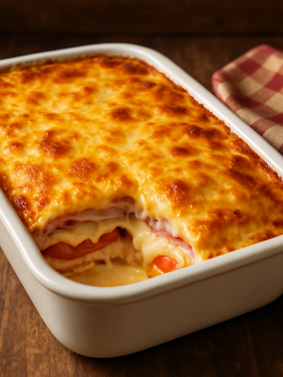 Bauru ao forno gratinado em refratário com camadas de presunto, mussarela e tomate, superfície dourada e crocante