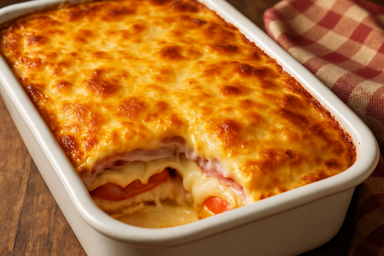 Bauru ao forno gratinado em refratário com camadas de presunto, mussarela e tomate, superfície dourada e crocante