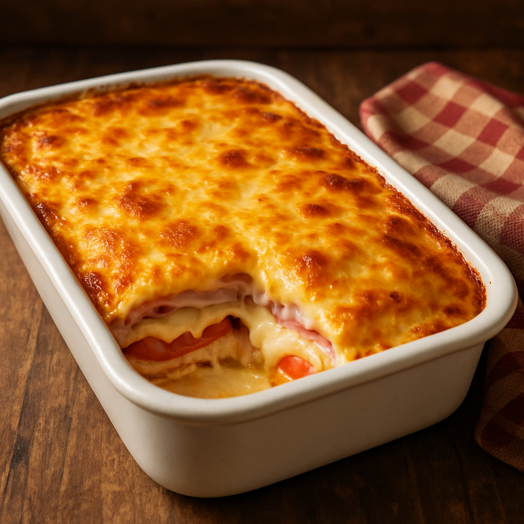 Bauru ao forno gratinado em refratário com camadas de presunto, mussarela e tomate, superfície dourada e crocante