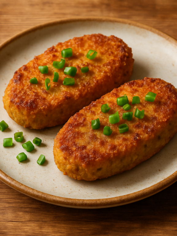 bife vegetariano de batata e cenoura dourado e crocante em prato de cerâmica