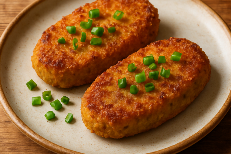 bife vegetariano de batata e cenoura dourado e crocante em prato de cerâmica