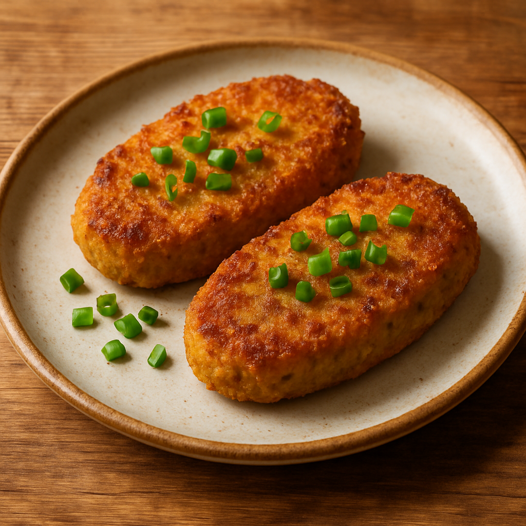 bife vegetariano de batata e cenoura dourado e crocante em prato de cerâmica