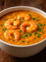 Bobó de camarão cremoso servido em tigela de cerâmica com camarões rosados e cheiro-verde