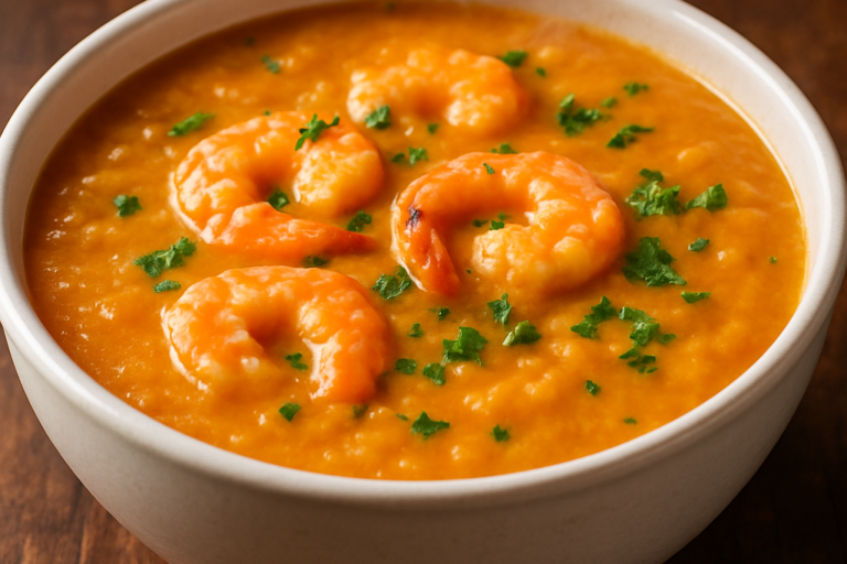 Bobó de camarão cremoso servido em tigela de cerâmica com camarões rosados e cheiro-verde