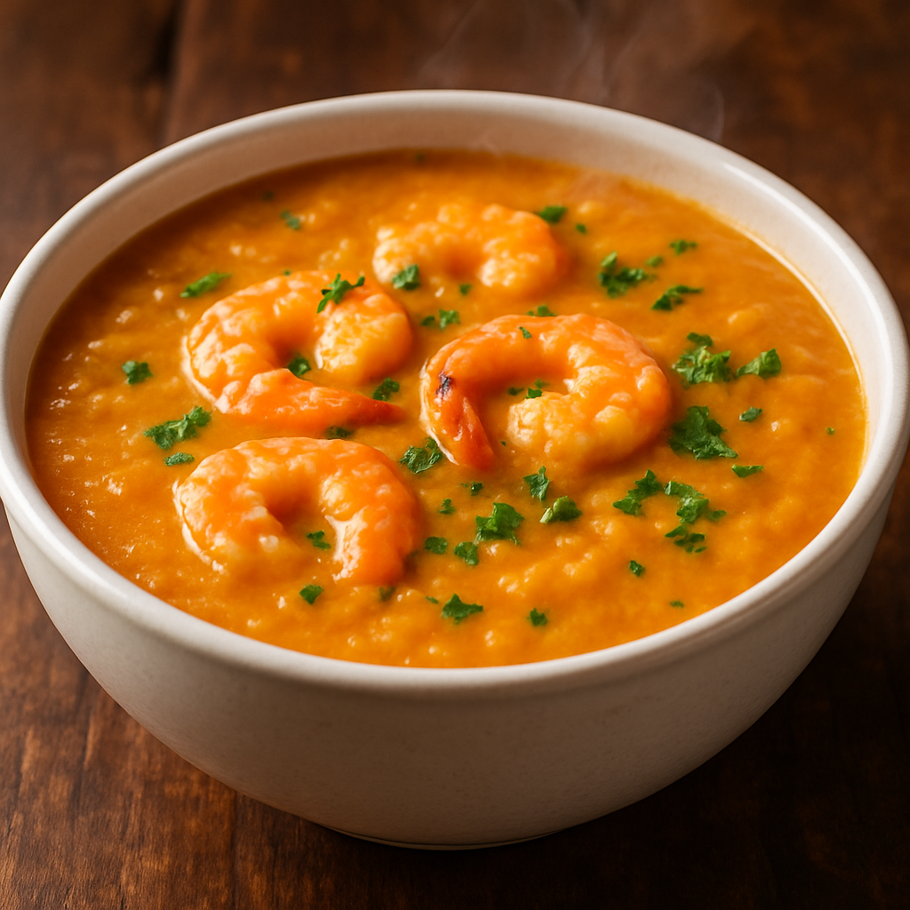 Bobó de camarão cremoso servido em tigela de cerâmica com camarões rosados e cheiro-verde