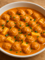 bolinha de proteína de soja com palmito e molho cremoso servida em prato fundo branco com salsinha