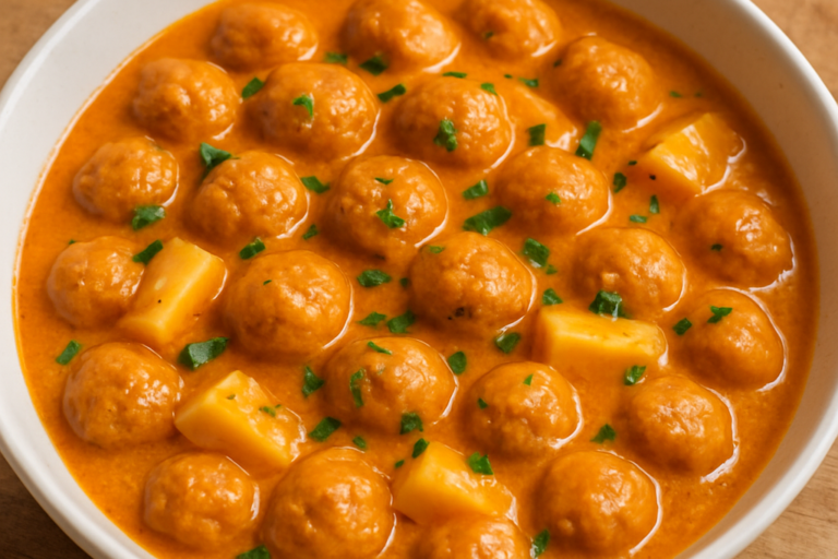 bolinha de proteína de soja com palmito e molho cremoso servida em prato fundo branco com salsinha