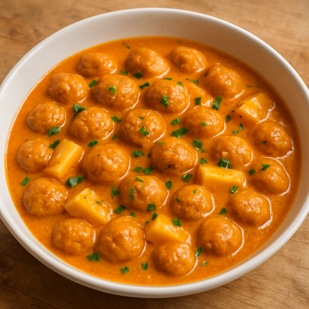 bolinha de proteína de soja com palmito e molho cremoso servida em prato fundo branco com salsinha