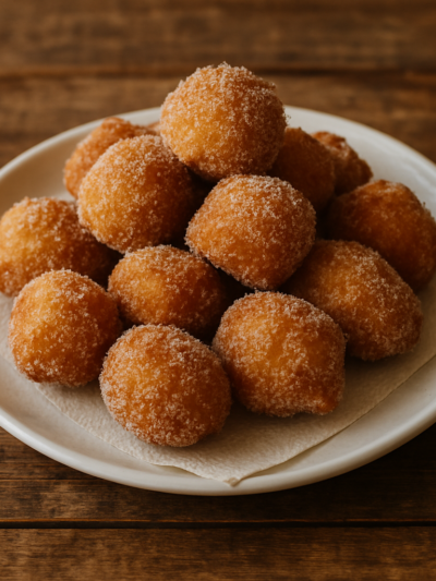 Bolinho de Chuva Sem Glúten dourado e polvilhado com açúcar e canela em prato branco