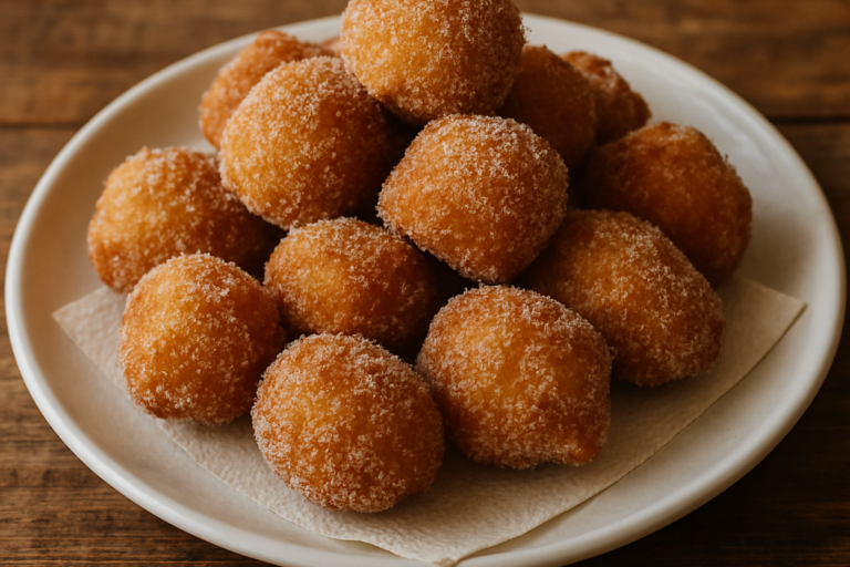 Bolinho de Chuva Sem Glúten dourado e polvilhado com açúcar e canela em prato branco