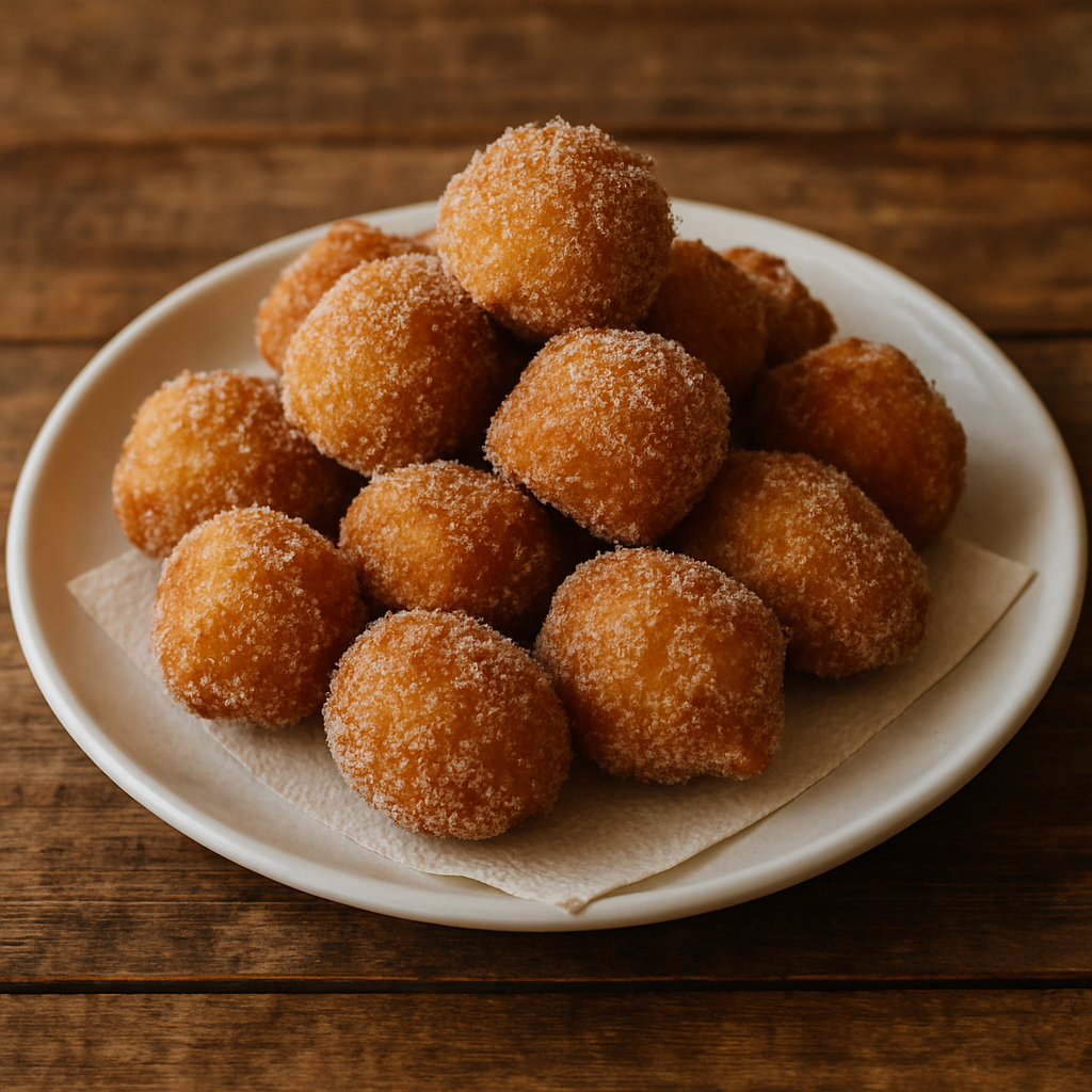 Bolinho de Chuva Sem Glúten dourado e polvilhado com açúcar e canela em prato branco