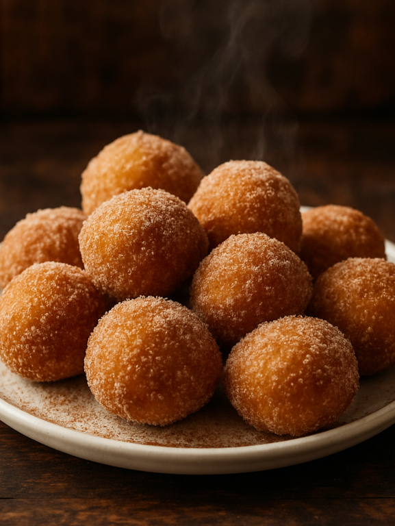bolinhos de chuva sem glúten sem lactose e sem ovo dourados e cobertos de açúcar com canela em prato branco