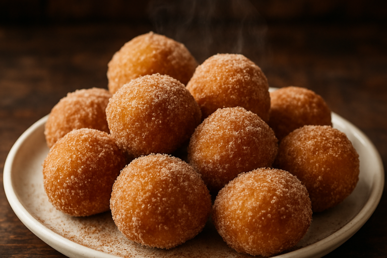 bolinhos de chuva sem glúten sem lactose e sem ovo dourados e cobertos de açúcar com canela em prato branco