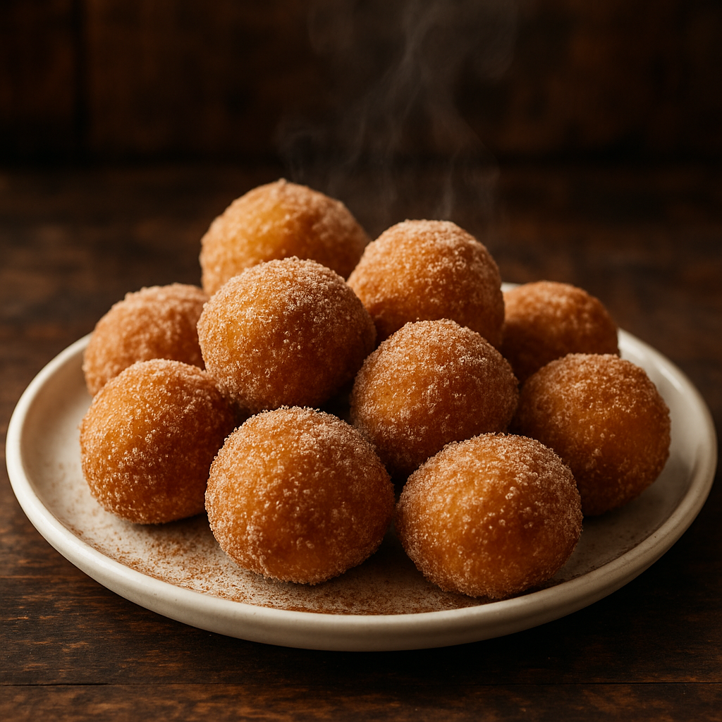 bolinhos de chuva sem glúten sem lactose e sem ovo dourados e cobertos de açúcar com canela em prato branco