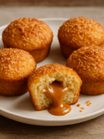 Bolinho de Coco com Doce de Leite partido ao meio mostrando recheio cremoso, servido em prato branco