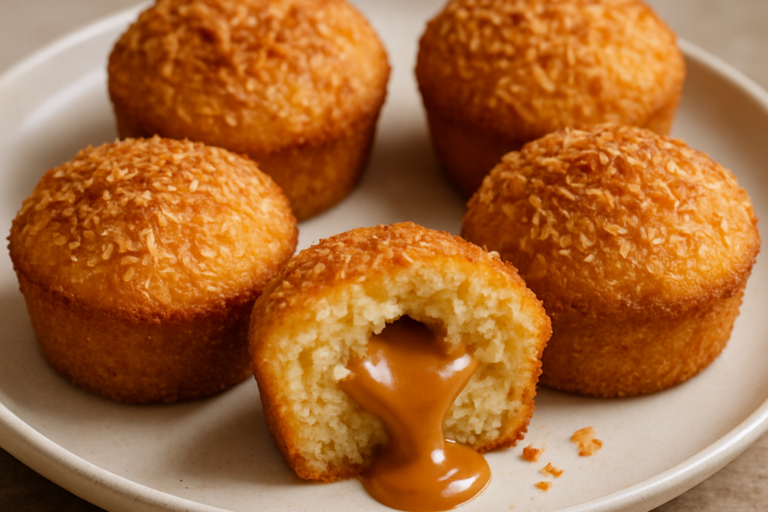 Bolinho de Coco com Doce de Leite partido ao meio mostrando recheio cremoso, servido em prato branco