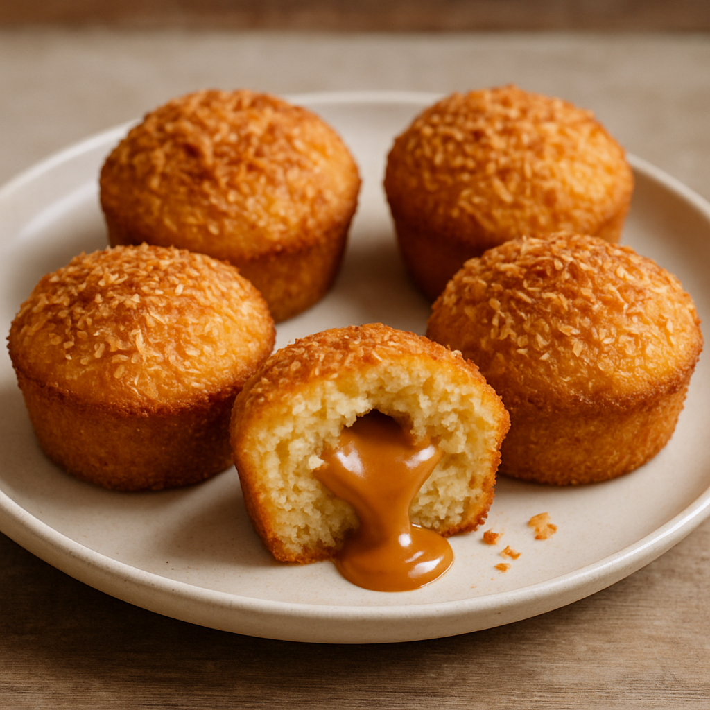 Bolinho de Coco com Doce de Leite partido ao meio mostrando recheio cremoso, servido em prato branco