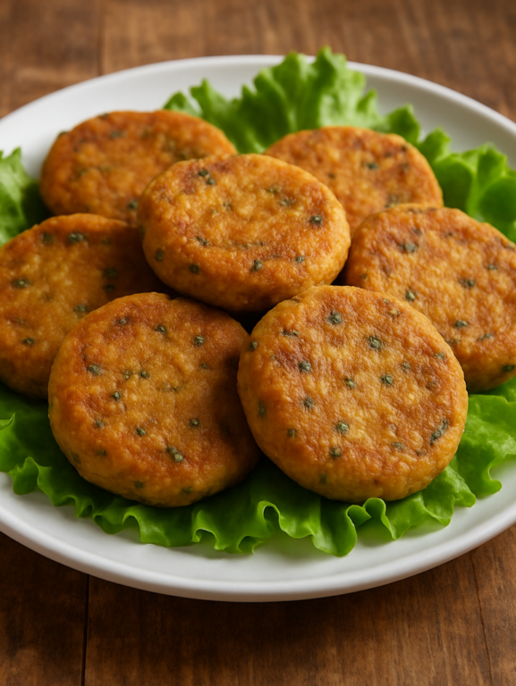 bolinhos de proteína vegetal dourados e sequinhos em prato branco com ervas frescas