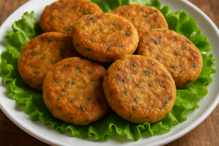 bolinhos de proteína vegetal dourados e sequinhos em prato branco com ervas frescas