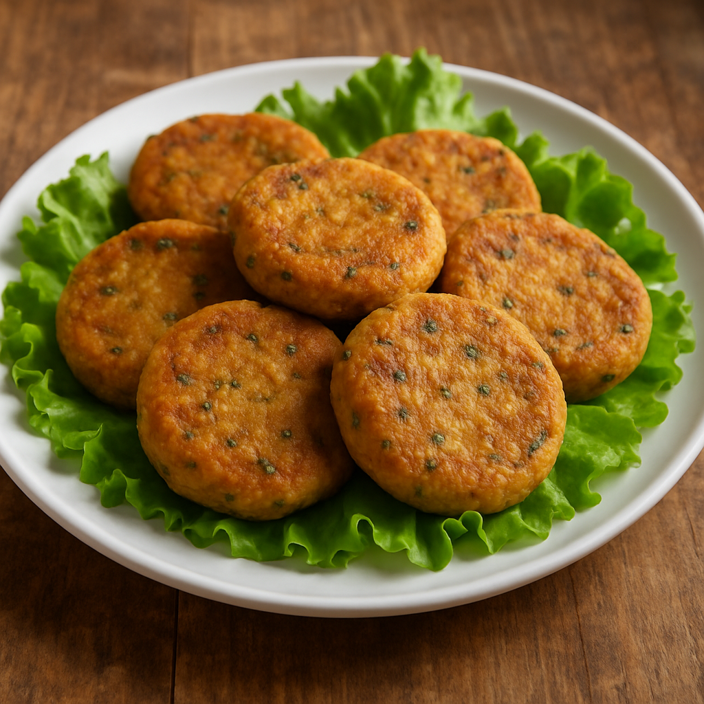 bolinhos de proteína vegetal dourados e sequinhos em prato branco com ervas frescas