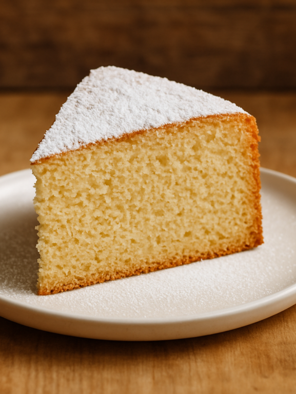 Fatia de Bolo Areia caseiro com textura arenosa e casca dourada polvilhada com açúcar de confeiteiro