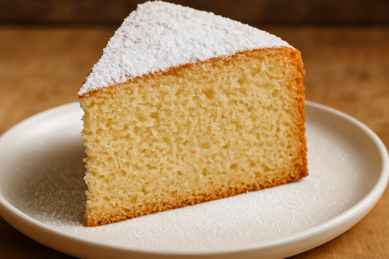 Fatia de Bolo Areia caseiro com textura arenosa e casca dourada polvilhada com açúcar de confeiteiro