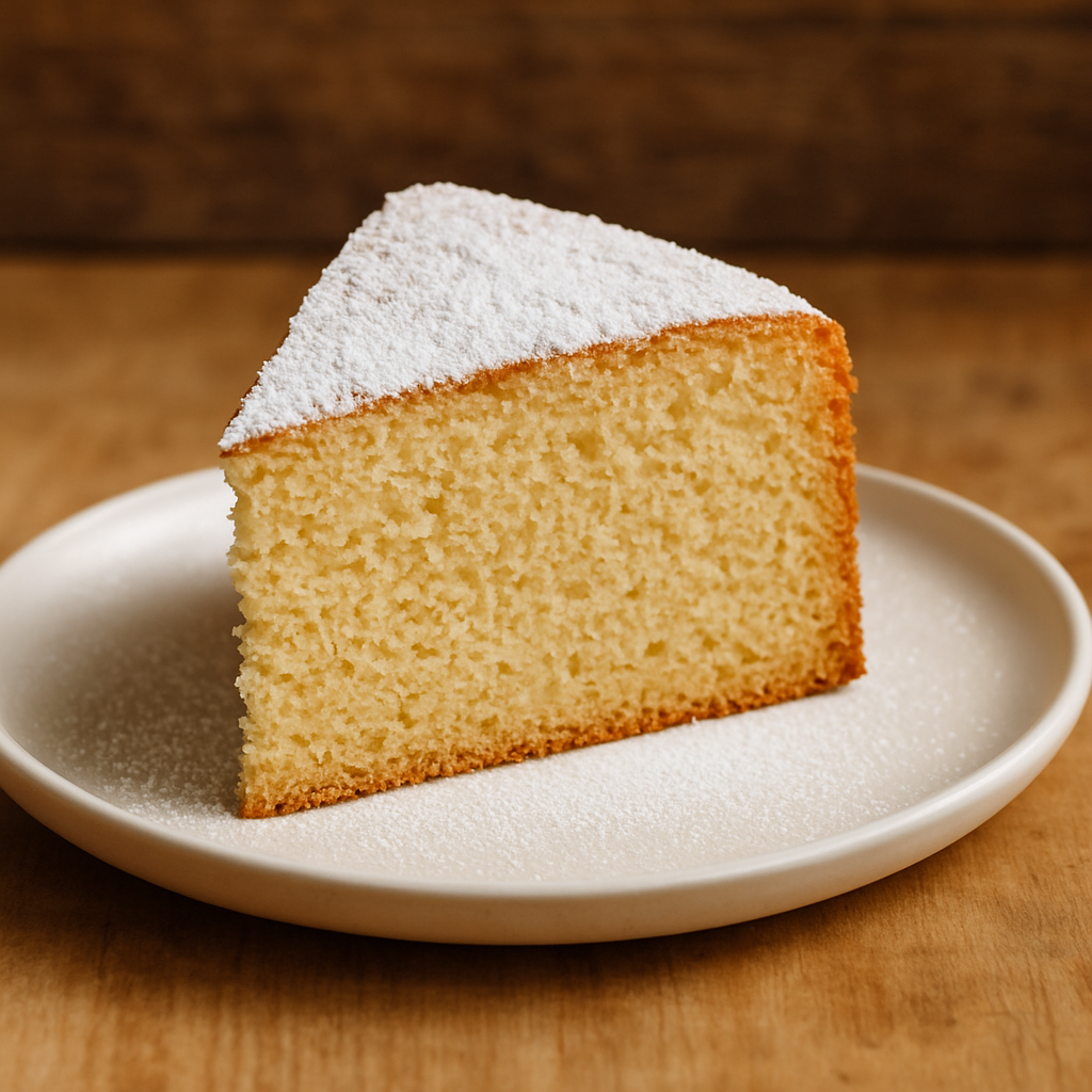 Fatia de Bolo Areia caseiro com textura arenosa e casca dourada polvilhada com açúcar de confeiteiro