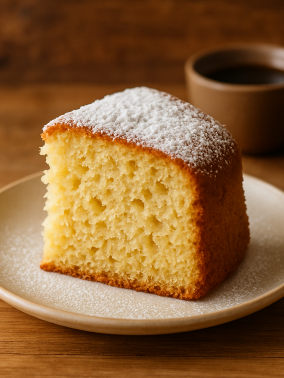 Fatia de bolo da tarde fofinho com miolo aerado e casquinha dourada polvilhada com açúcar de confeiteiro