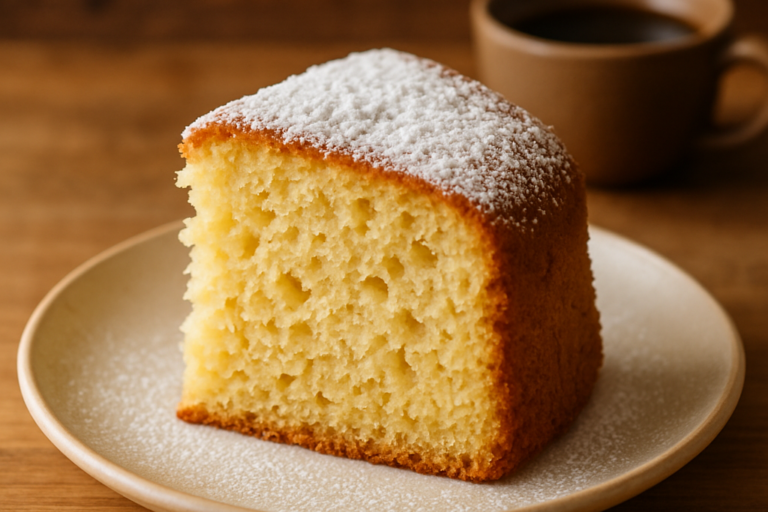 Fatia de bolo da tarde fofinho com miolo aerado e casquinha dourada polvilhada com açúcar de confeiteiro