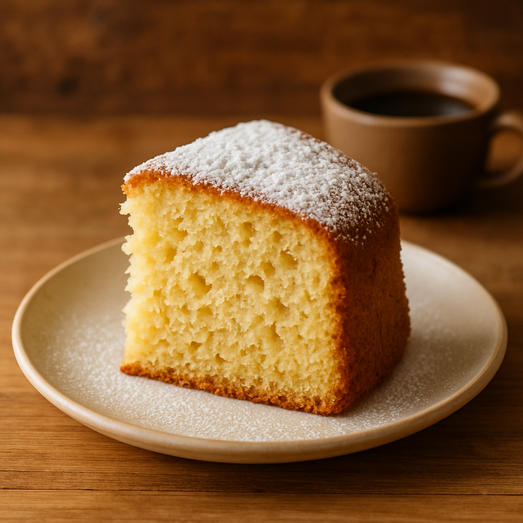 Fatia de bolo da tarde fofinho com miolo aerado e casquinha dourada polvilhada com açúcar de confeiteiro