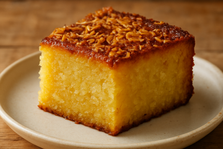Fatia de bolo de aipim mandioca ou macaxeira com coco ralado em prato branco, textura molhadinha e casquinha dourada
