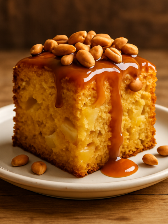 Fatia de bolo de amendoim e abacaxi com calda brilhante e amendoins por cima em prato branco