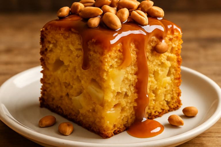 Fatia de bolo de amendoim e abacaxi com calda brilhante e amendoins por cima em prato branco