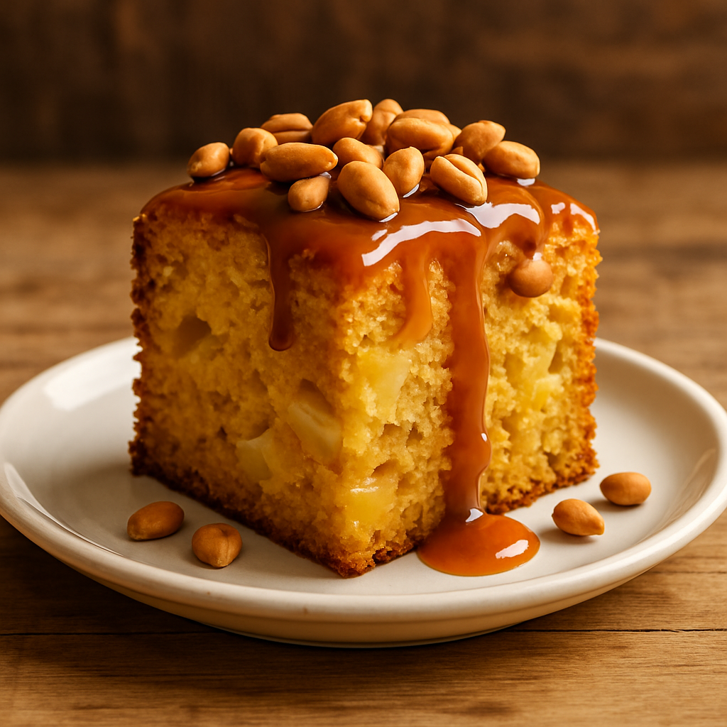 Fatia de bolo de amendoim e abacaxi com calda brilhante e amendoins por cima em prato branco