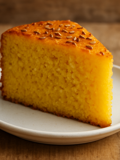 Fatia do Bolo de Arroz da Berilda com textura fofa e superfície dourada em prato branco