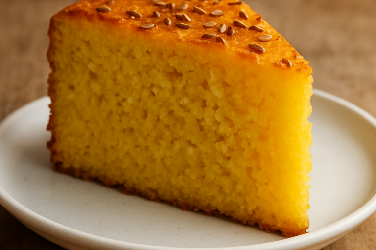 Fatia do Bolo de Arroz da Berilda com textura fofa e superfície dourada em prato branco