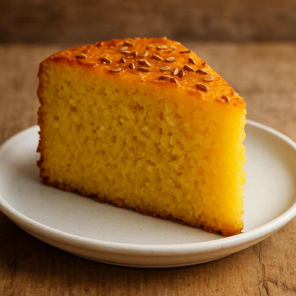 Fatia do Bolo de Arroz da Berilda com textura fofa e superfície dourada em prato branco