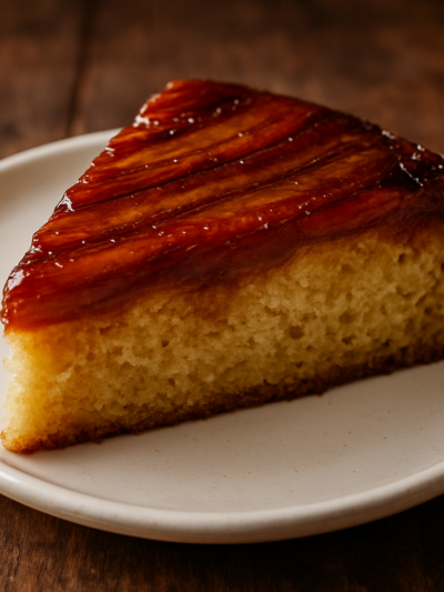 Fatia de bolo de banana fofinho com caramelo dourado e rodelas de banana por cima, em prato branco